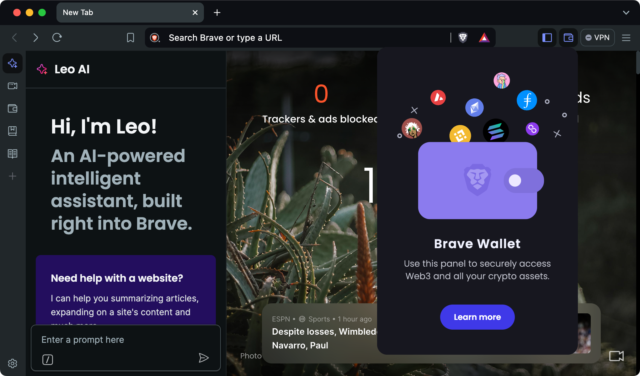 Screenshot of a web browser's start page. There's a panel on the left promoting Leo, an AI assistant, and a popover on the right promoting Brave Wallet.