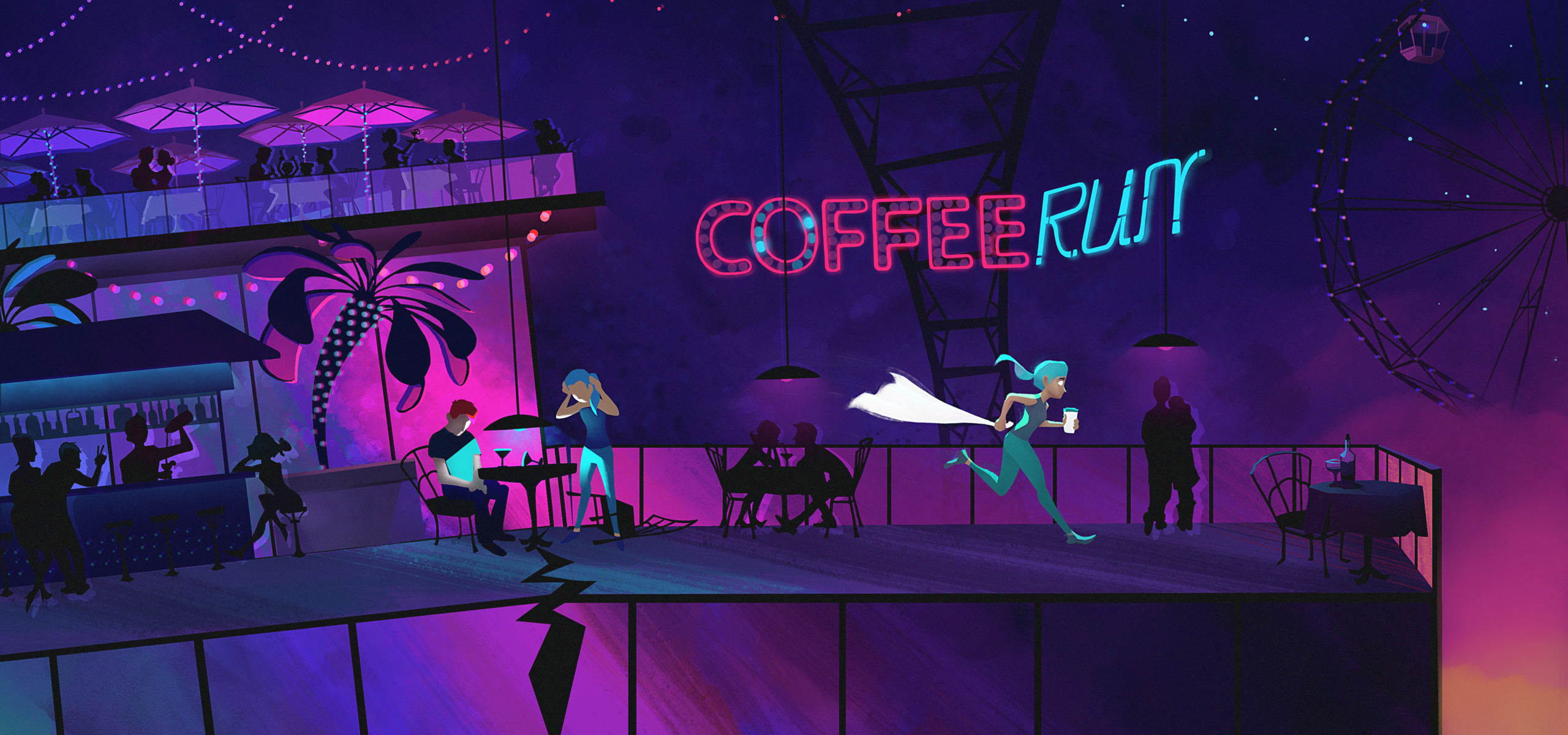 Illustration depicting a rooftop bar at night. There's a crack in the floor, separating a man and a woman. The same woman is seen running with a cup of coffee in her hand.