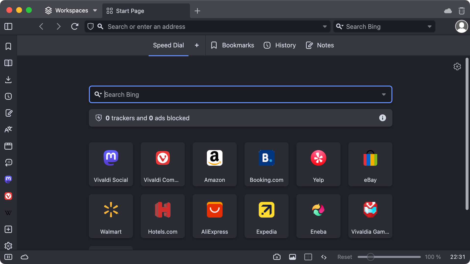 Screenshot of a web browser's start page. Below a search box there's a grid of bookmarks, including Vivaldi Social, Vivaldi Community, Amazon, Booking.com, Yelp, eBay, Walmart, and others.