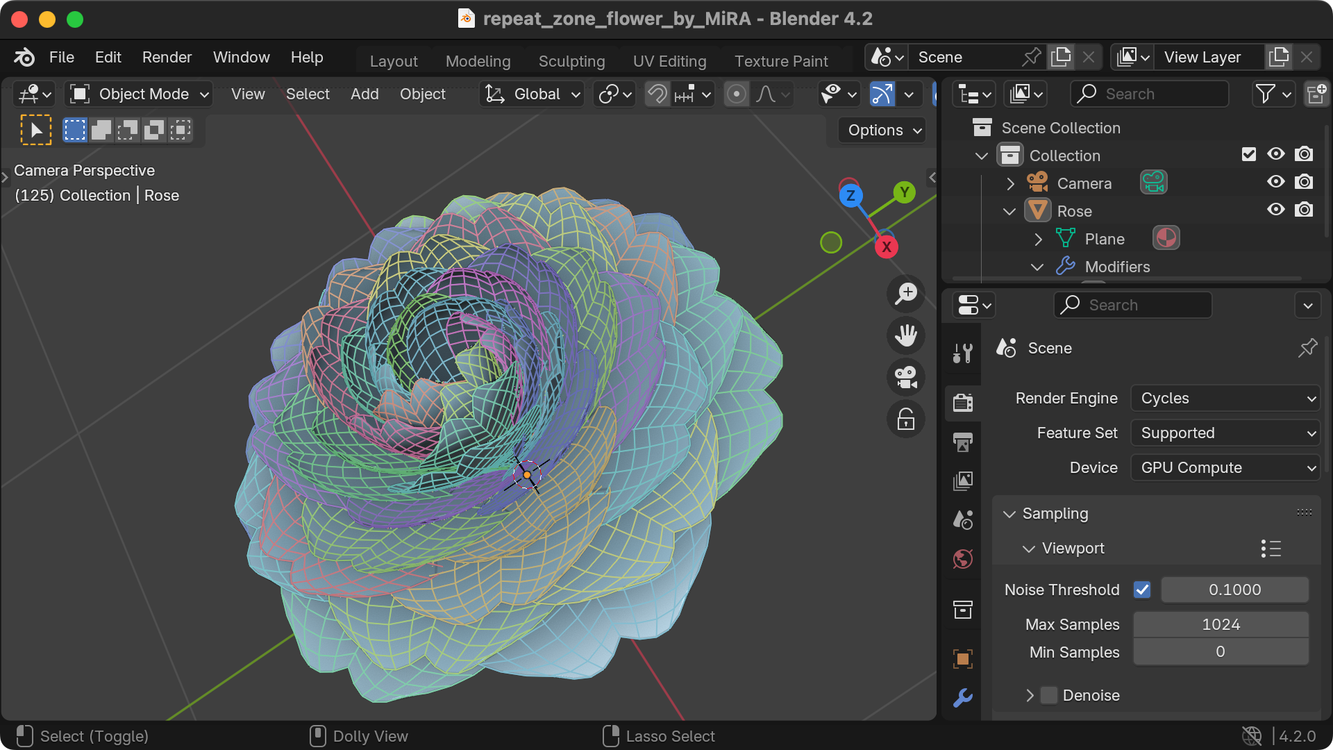 Screenshot of Blender's UI. In the center there's a 3D model of a flower.