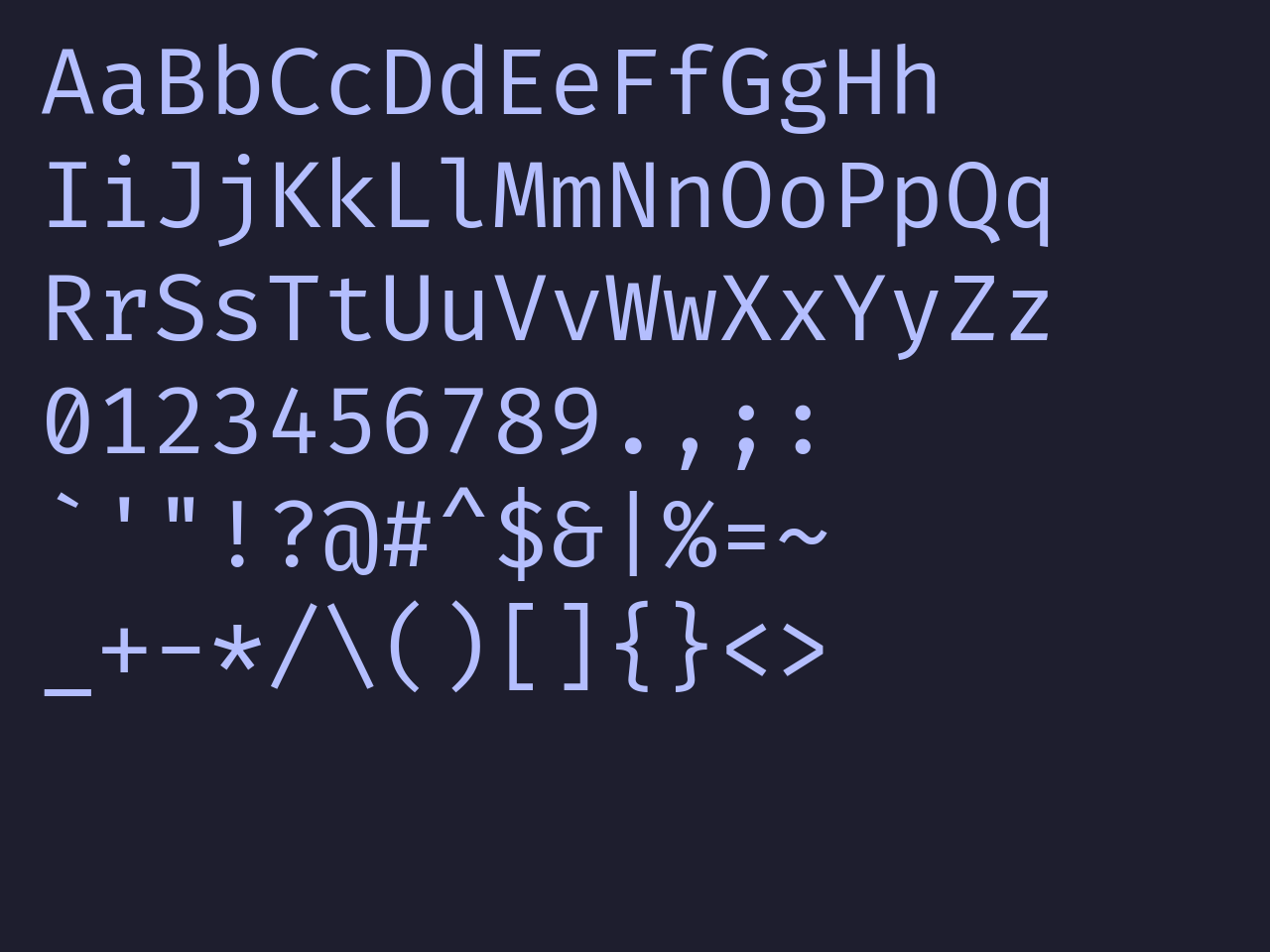 Main glyphs rendered in Fira Code.