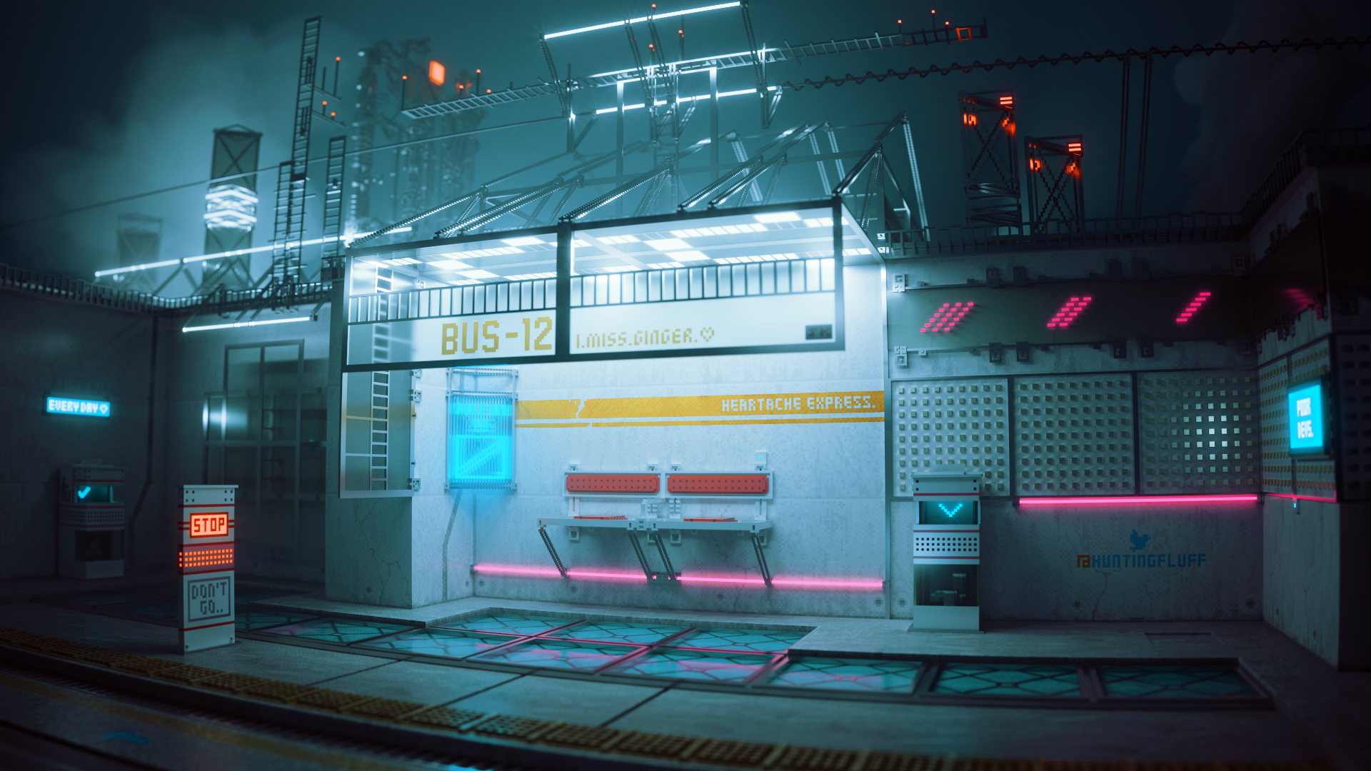 3D render of a futuristic bus stop, illuminated by neon lights and the glow of digital displays.