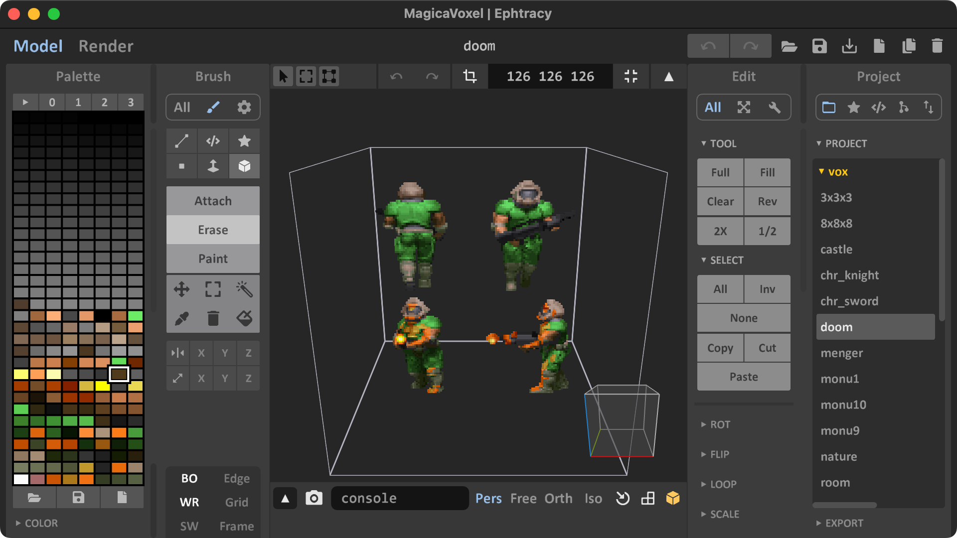 Screenshot of MagicaVoxel's UI. In the center there's four voxel models of Doom guy seen from different angles.